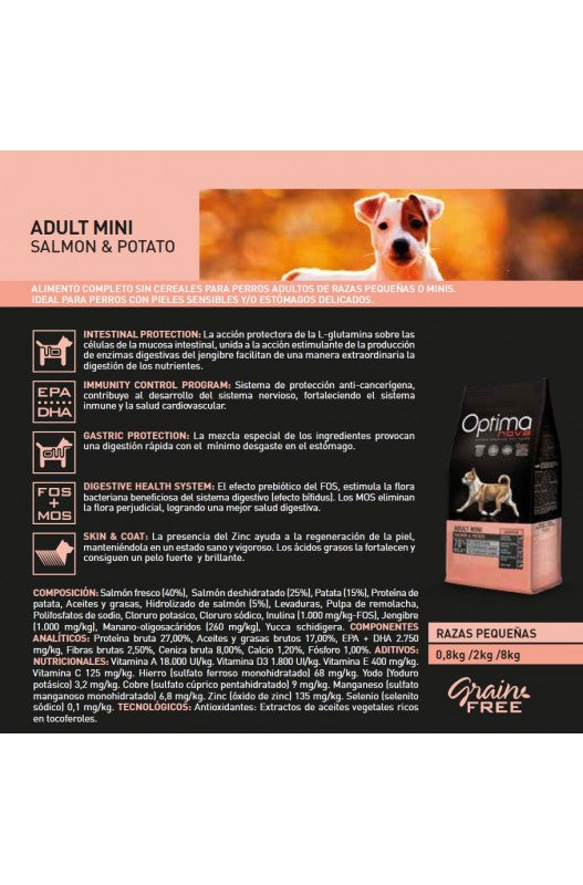 PIENSO OPTIMA NOVA ADULT MINI SALMON GLUTEN FREE 8KG